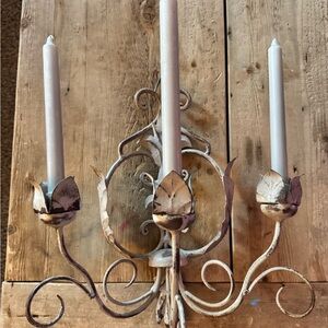 Rustic Metal Candle Holder with Cream and Gray Accents